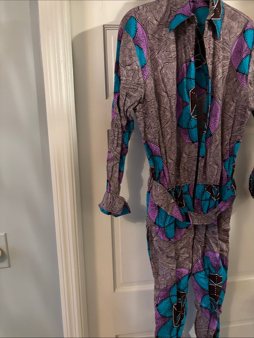 Collared Long-Sleeve Jumpsuit in Purple & Teal Print Cotton African Wax Print
